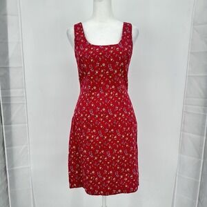 Y2K Express Red Floral Garden Party Sheath Dress Square Neck Back‎ Zip 3/4 Chic